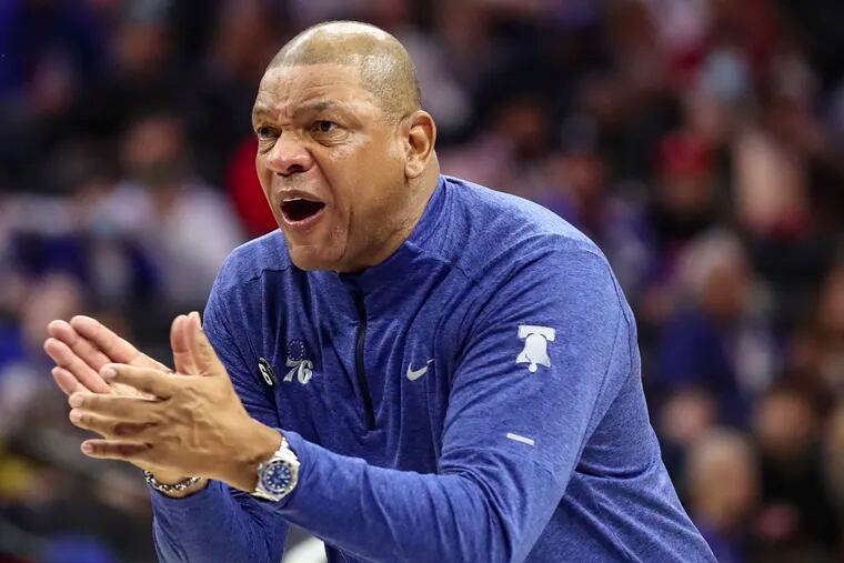 Doc Rivers coaching the Sixers during the loss to the Spurs on Saturday. “I want to see more three-pointers,” Rivers says. “I want to see more open court. I want to see more guys get into the paint. And that’s why you don’t get three-pointers right now."