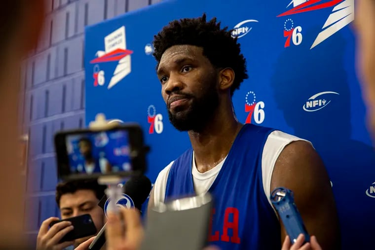 76ers center Joel Embiid, speaks to press after practice on Friday, Jan. 24, 2020.