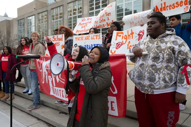Members of Youth United For a Change lead chants during their rally outside of the School Distict of Philadelphia’s building on Jan. 30, 2020. The School District has delayed mental health materials that were supposed to be distributed at the beginning of the school year. Their rally was in respone to that.