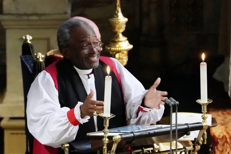 The Most Rev. Bishop Michael Curry speaks during the wedding ceremony of Prince Harry and Meghan Markle Saturday, May 19, 2018.