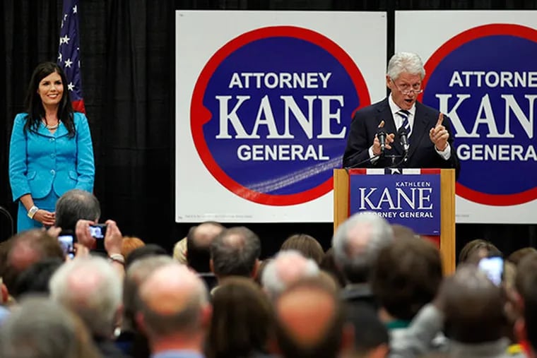 President Bill Clinton speaks at an event to endorse Kathleen Kane, left, a democratic candidate for Pennsylvania Attorney General, at Upper Moreland High School Thursday, April 12, 2012 in Willow Grove, Pa. (AP Photo/Alex Brandon)