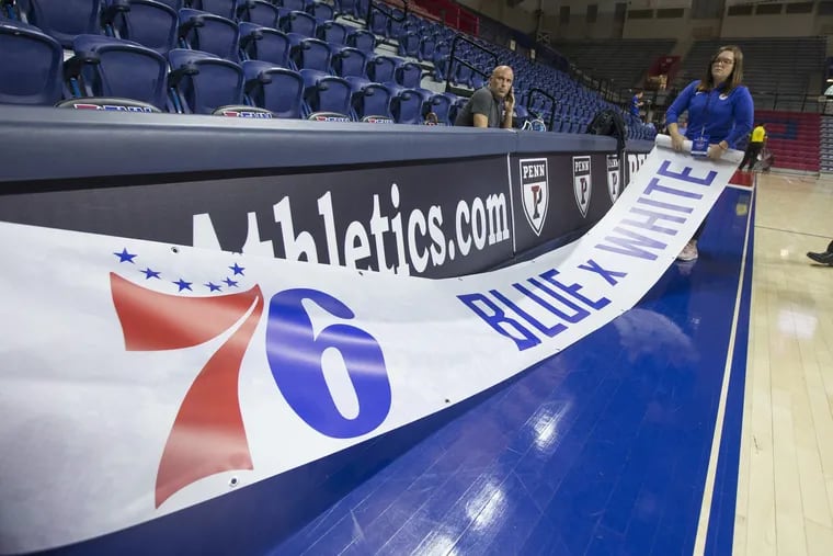 The Sixers Blue x White Scrimmage at the Palestra which is open to the public was cancelled due to a slippery court caused by condensation on Sept. 25, 2018. The court side banners are taken down.