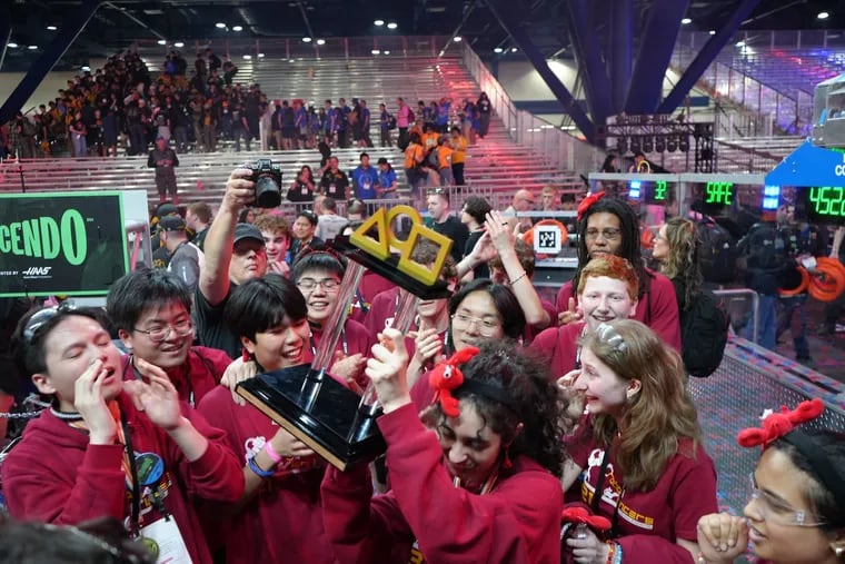 Members of the Central High RoboLancers celebrate their 2024 world championship.