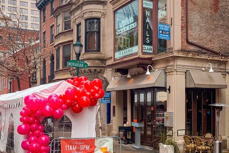 On Valentine's Day, thousands of balloons decorate the outdoor dining areas on restaurants on 18th Street.
