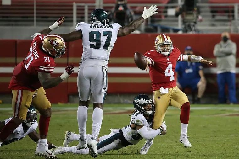 Eagles defensive tackle Malik Jackson (97) recovered the fumble on this play against the 49ers to set up his team's go-ahead scoring drive.