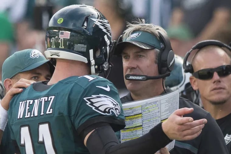 Eagles head coach Doug Pederson said he was impressed with rookie quarterback Carson Wentz's poise and thought processes in the heat of the game.
