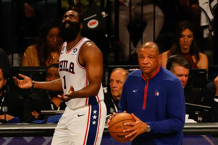 Sixers guard James Harden questions his flagrant foul during Game 3.