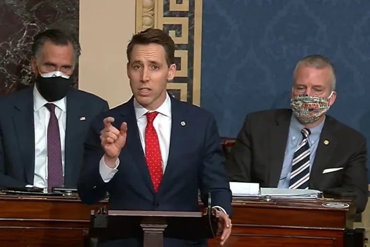 Sen. Josh Hawley (R., Mo.) speaks during a Senate debate session to ratify the 2020 presidential election at the U.S. Capitol on Jan. 6, 2021, in Washington, D.C. Congress reconvened to ratify President-elect Joe Biden's Electoral College win hours after a pro-Trump mob broke into the U.S. Capitol.