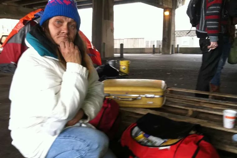 Maryanne Omelchuk, 47, is one of the homeless people who had to leave the tent camp under the I-95 overpass in Port RIchmond on Monday. She put her belongings in storage with help of Occupy Philadelphia. She plans to go back to sleeping 'underground' near 15th Street.