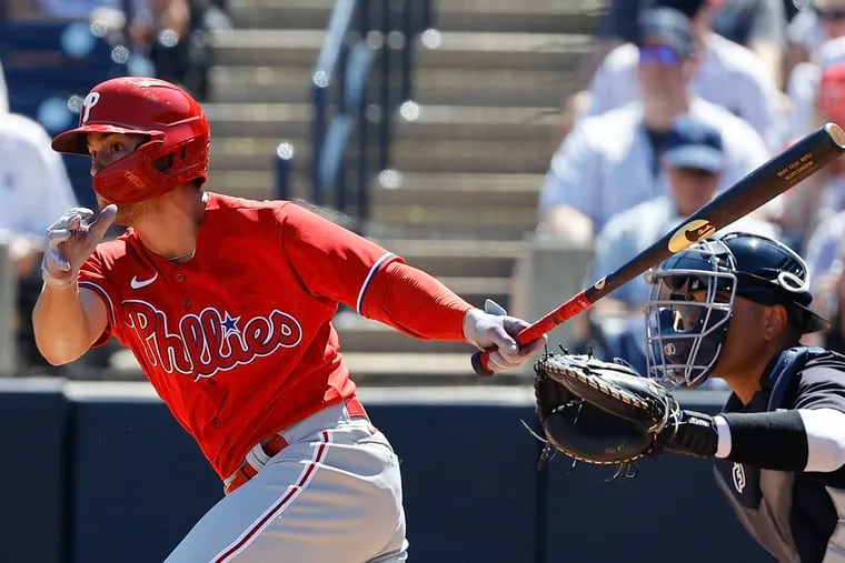 Scott Kingery watches his second-inning single vs. the Yankees. Kingery went 2-for-3 Saturday and is now slashing .476/.542/.619.