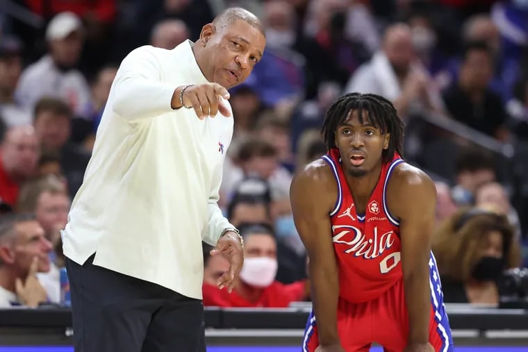 Coach Doc Rivers of the Sixers instructing Tyrese Maxey during their game against the Nets at the Wells Fargo Center on Oct. 22.