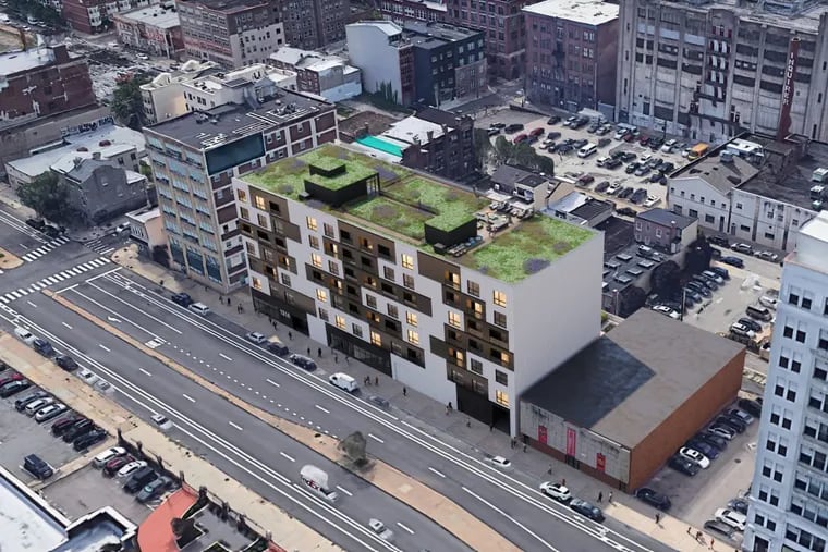 A proposed 149-apartment building with a green roof on Spring Garden Street, taking the place of a surface parking lot.