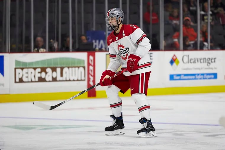 Tanner Laczynski, here during his days at Ohio State, was placed on the Flyers' taxi squad Thursday and may soon make his NHL debut.