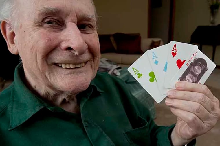 Inventor Robert Morse with the color-coded playing cards he created at his Moorestown, NJ home on Dec. 18, 2012.  APRIL SAUL / Staff Photographer