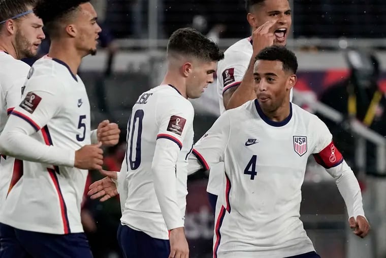 Hershey's Christian Pulisic (center) scored the opening goal in the U.S. men's soccer team's 2-0 win over Mexico in Cincinnati on Friday.
