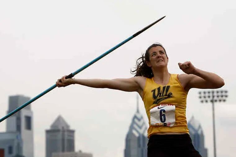 Millersville University senior Michele Frayne throws the javelin at Franklin Field in the heptathlon, in which she finished second with 4,764 points to Maddy Outman, who had 5,182.