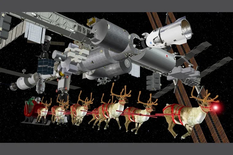 Santa, sleigh, and reindeer pass the International Space Station as part of Philadelphia-based Cesium's annual Christmas Eve tracking program, a demonstration of the company's GPS tracking software.