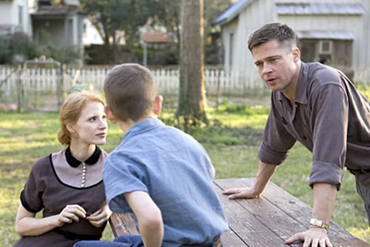 Brad Pitt is Mr. O'Brien, Jessica Chastain is Mrs. O'Brien, 1950s Texans.
Sean Penn also stars as their latter-day son, a pained, taciturn architect.