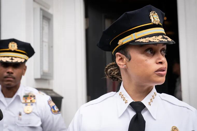 Police Commissioner Danielle Outlaw, on south 3rd Street near South Street after speaking with concerned business owners after a mass shooting that occurred this past Saturday night on South Street, in Philadelphia, Tuesday, June 7, 2022.
