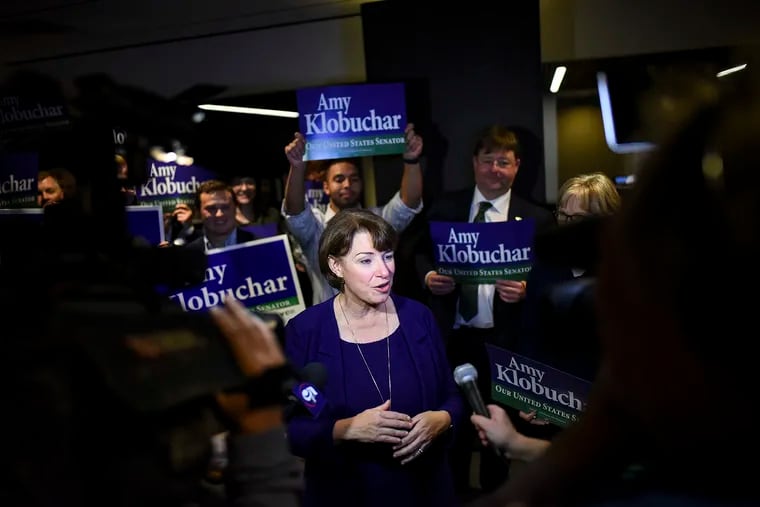 Sen. Amy Klobuchar (D-Minn.) speaks to the media at the Intercontinental Hotel in St. Paul, Minn., at DFL headquarters election party on November 6, 2018.