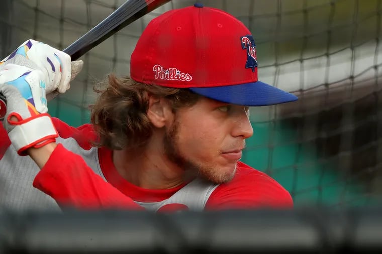 Top prospect Alec Bohm taking batting practice during Phillies spring training in Clearwater, Fla.