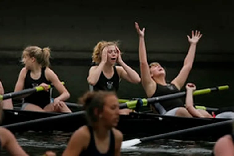 Members of Bishop Eustace&#0039;s girls senior eight (from left) Nikki Bourasssa, Stephanie Boggs, Gabriella Wilkins, Jennifer Lance, and Christine Stoprya, celebrate their victory at the Stotesbury Cup Regatta. The Crusaders won the six-boat race by less than a second.