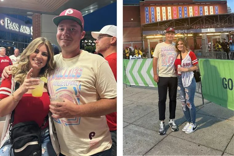 Aliza Phillips, of South Philadelphia, (left) and Aaron Jones, of Phoenixville, (right) went on their first date to the second game of the Phillies' wildcard series against the Miami Marlins at Citizens Bank Park on Oct. 4, 2023. The pair met while sharing a drunk slice of pizza at an Eagles game, and Phillips tracked Jones down by posting a blind item in Facebook groups.