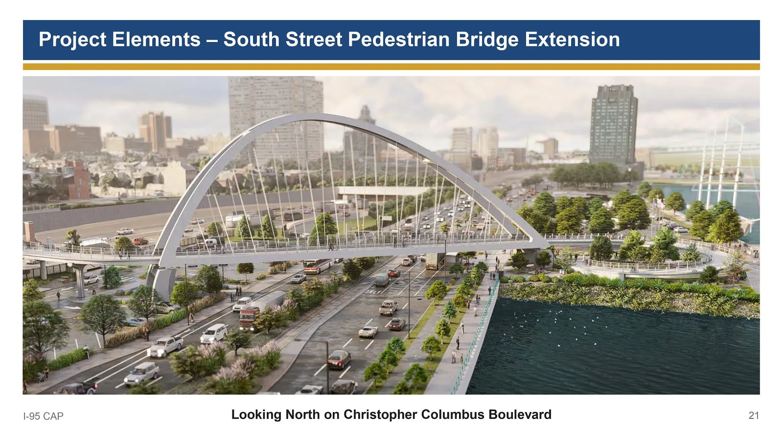 Rendering of a planned bridge connecting South Street in Philadelphia to the Delaware River waterfront. 