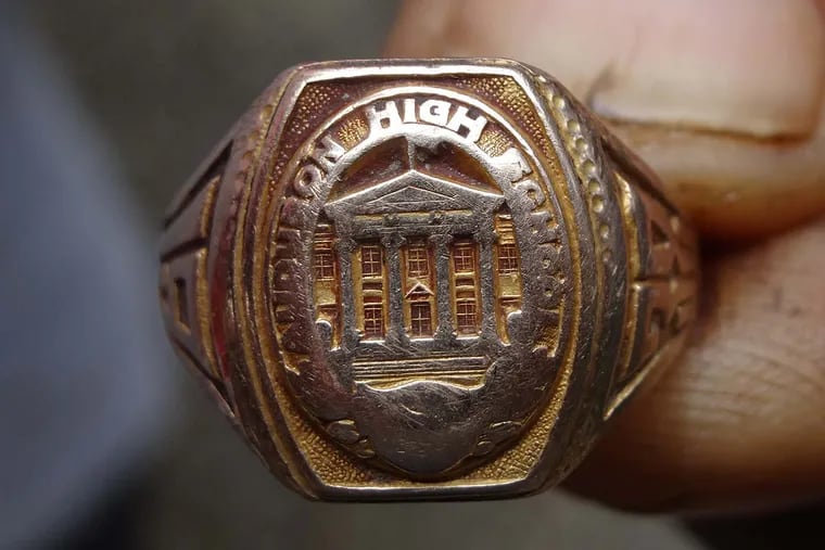 The front of Edward Dodds' 1938 class ring, inscribed with Audubon High School and a picture of the school. The ring will be returned to the Dodds family on Thursday, Jan. 26 during a ceremony at Audubon High School.