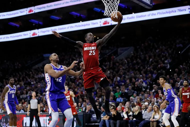 Miami Heat's Kendrick Nunn (25) goes up for two of his game-high 26 points in Wednesday's 108-104 victory over the Sixers.