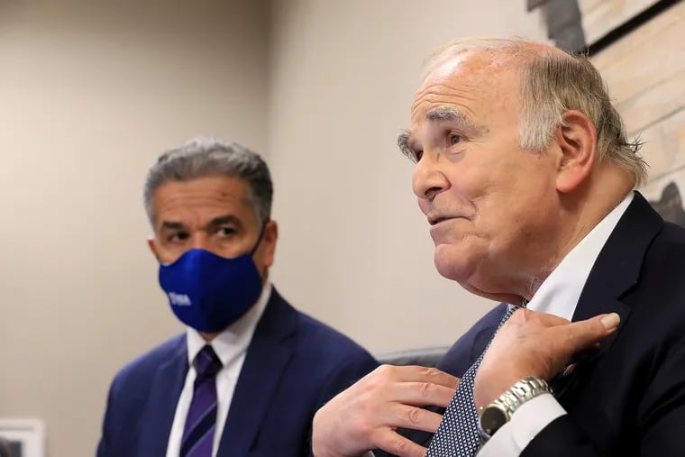 Former Pennsylvania Gov. and Philadelphia Mayor Ed Rendell endorses Carlos Vega, a Democratic candidate for District Attorney, during a news conference Tuesday in Philadelphia.