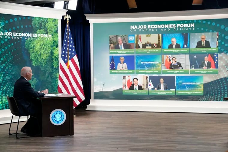 President Joe Biden speaks during the Major Economies Forum on Energy and Climate in the South Court Auditorium on the White House campus.