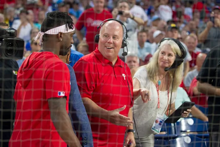 Phillies announcer Tom McCarthy (center) will call Sunday's Panthers-Buccaneers game on CBS alongside Tony Romo.
