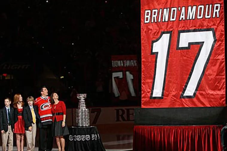 The Hurricanes retired former Flyer Rod Brind'Amour's jersey Friday night. (Gerry Broome/AP Photo)