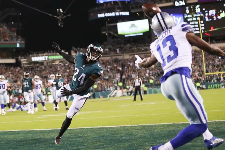 Eagles cornerback James Bradberry (24) breaks up a pass on third down in the end zone intended for Dallas Cowboys wide receiver Michael Gallup (13) in the second quarter.