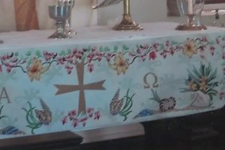 A piece of needlework made by Mrs. Hood for the altar at the Anglican Church in St. Bartholomew, the French West Indies.