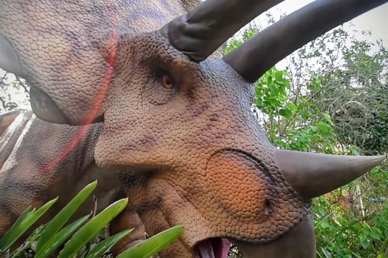 An animatronic triceratops is pictured at the Philadelphia Zoo's new "Big Time" exhibit, set to open in March.