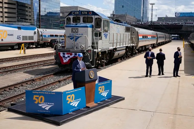 President Joe Biden speaks during an event to mark Amtrak's 50th anniversary at 30th Street Station in Philadelphia, Friday, April 30, 2021.