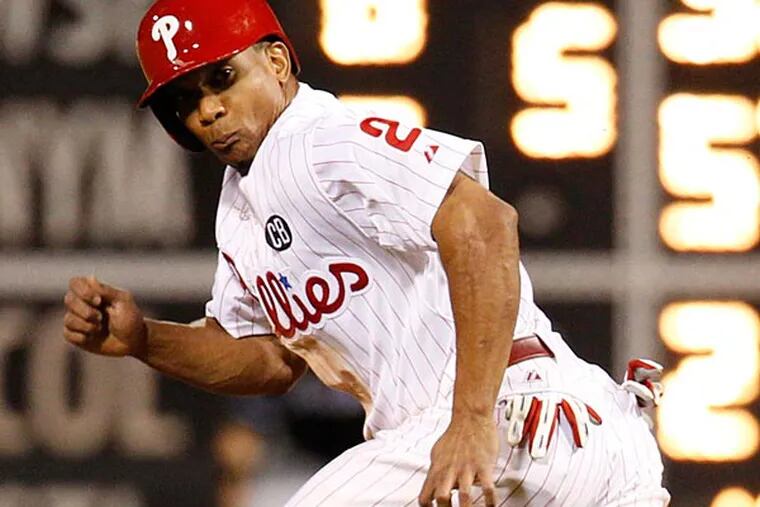 Philadelphia Phillies' Ben Revere runs the bases during the sixth inning of a baseball game against the Miami Marlins, Saturday, Sept. 13, 2014, in Philadelphia. The Phillies won 2-1. (Chris Szagola/AP)