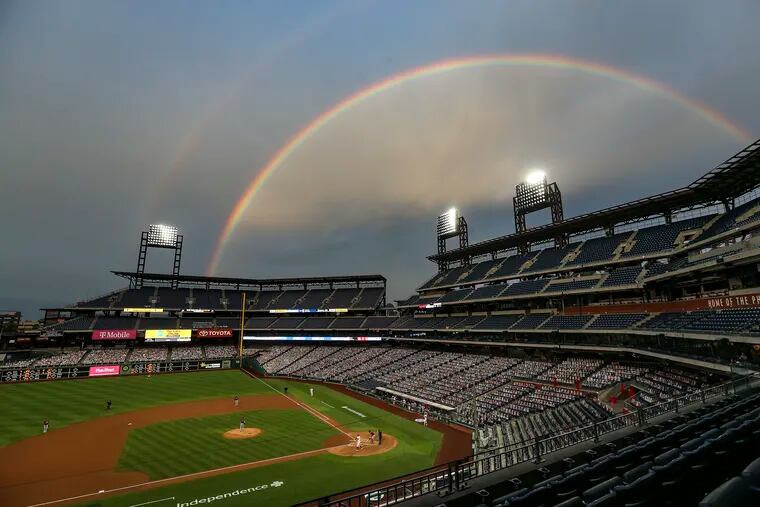 Phillies' Rhys Hoskins bats against the Nationals' before hitting his solo home with a rainbow during the 1st inning at Citizens Bank Park in Philadelphia, Monday, August 31, 2020