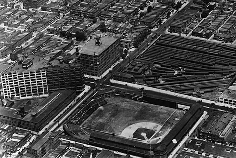 Photograph shows aerial view of the Baker Bowl and the surrounding area in 1928.