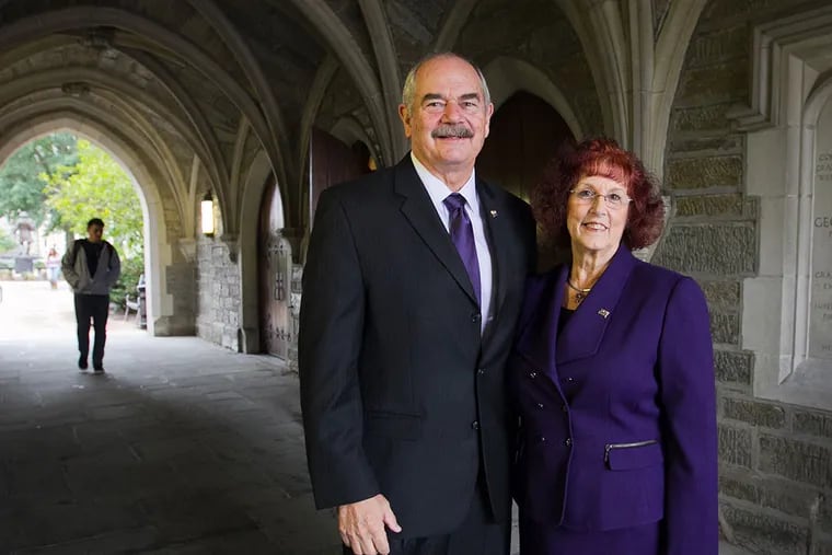 Greg R. Weisenstein is joined by his wife, Sandra, at West Chester University. (ALEJANDRO A. ALVAREZ/Staff Photographer)