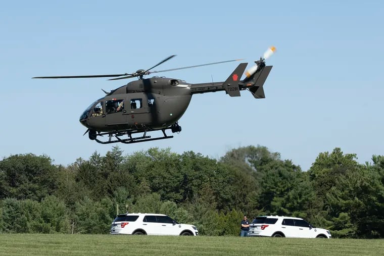 A National Guard helicopter takes off after meeting with the Chester County Department of Emergency Services on Friday, Sept. 1, 2023.  The helicopter was brought in the search for  Danelo Cavalcante, who escaped from Chester County Prison on Thursday.