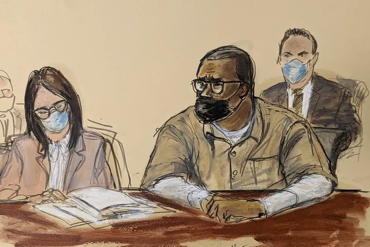 In this courtroom sketch, R. Kelly and his attorney Jennifer Bonjean, left, appear during his sentencing hearing in federal court, Wednesday, June 29, 2022, in New York.
