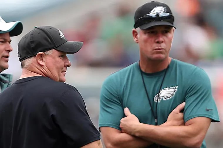 Eagles head coach Chip Kelly (left) and offensive coordinator Pat Shumur. (David Maialetti/Staff Photographer)