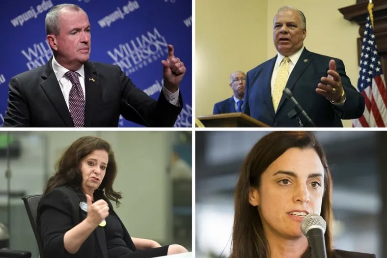 The Inquirer Editorial Board endorses these candidates: (clockwise from top left): N.J. gubernatorial candidate Phil Murphy, N.J. State Senator Steve Sweeney, Philadelphia City Controller candidate Rebecca Rhynhart, and Philadelphia District Attorney candidate Beth Grossman.