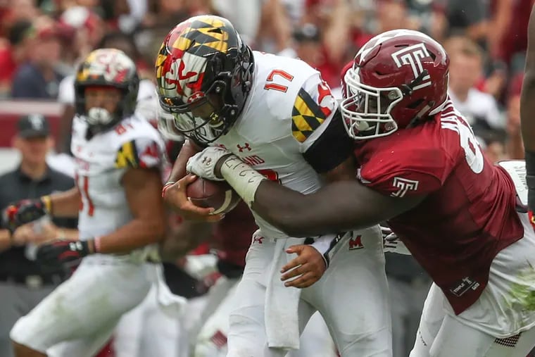 Temple defensive tackle Ifeanyi Maijeh (88) sacks Maryland quarterback Josh Jackson in the second quarter of a game at Lincoln Financial Field in Philadelphia on Saturday, Sept. 14, 2019.