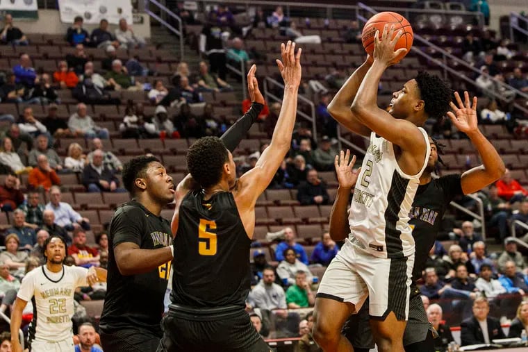Robert Wright, #2, of Neumann Goretti shoots the ball on Thursday, March 23, 2023, at Giant Center in Hershey.