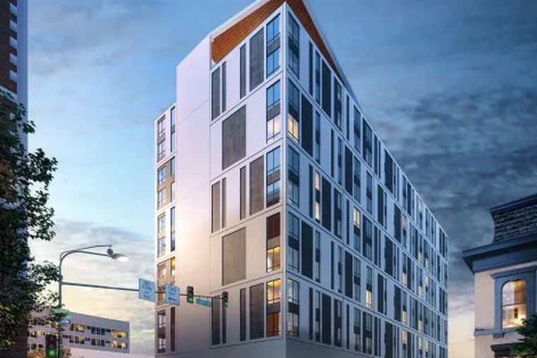 A rendering of a proposed apartment building at 2301 Walnut St., where a Rite Aid recently closed.