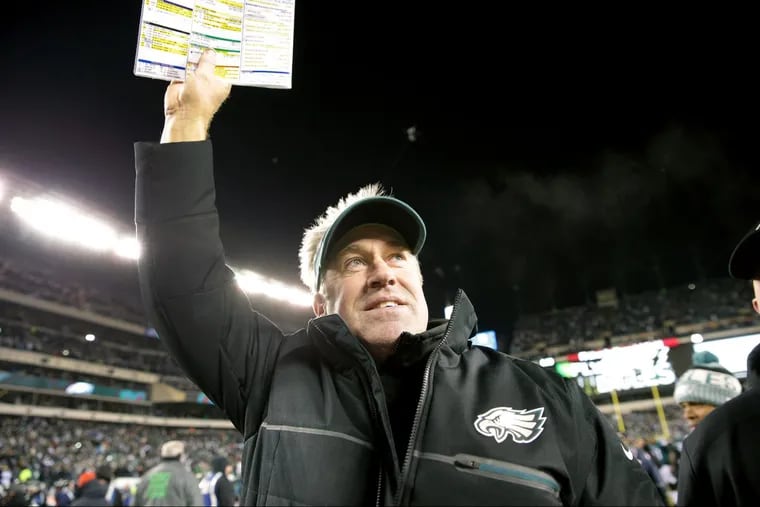 Eagles’ head coach Doug Pederson celebrates after the Philadelphia Eagles win 15-10 over the Atlanta Falcons in a NFL Divisional Round playoff game on January 13, 2018. DAVID MAIALETTI / Staff Photographer